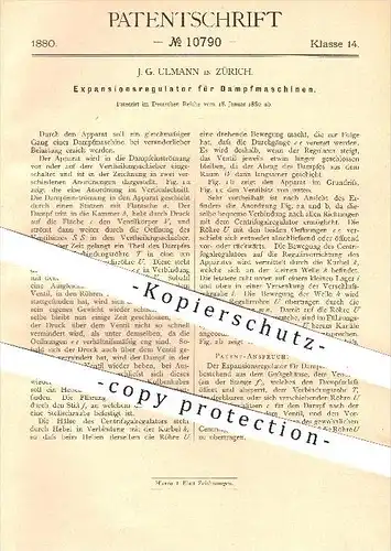 original Patent - J. G. Ulmann in Zürich , 1880 , Expansions - Regulator für Dampfmaschinen , Dampfmaschine !!!