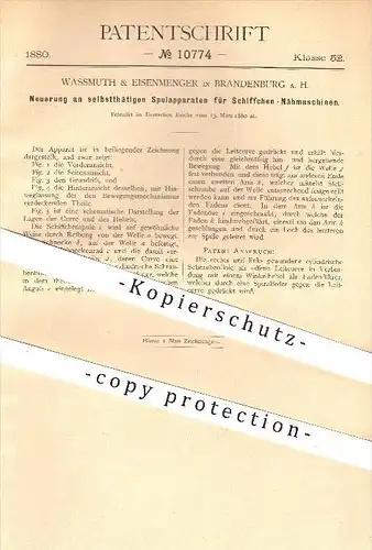 original Patent - Wassmuth & Eisenmenger , Brandenburg , Havel , 1880, Spulapparat für Schiffchen - Nähmaschinen , Nähen