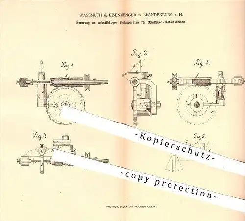 original Patent - Wassmuth & Eisenmenger , Brandenburg , Havel , 1880, Spulapparat für Schiffchen - Nähmaschinen , Nähen