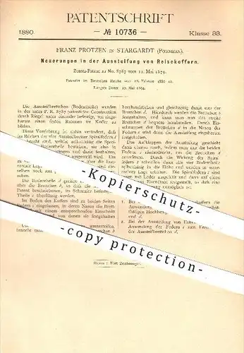 original Patent - Franz Protzen in Stargardt , Pommern , 1880 , Aussteifung von Reisekoffern , Koffer , Reisegepäck !!!