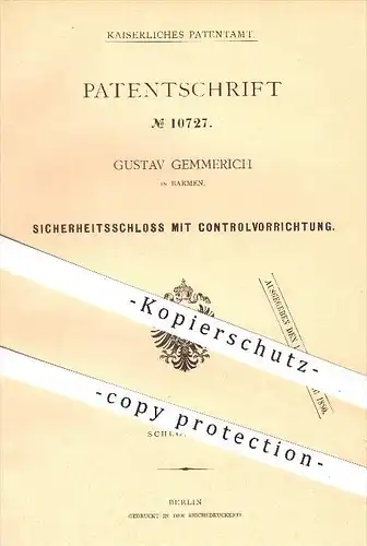 original Patent - G. Gemmerich , Barmen , 1880 , Sicherheitsschloss mit Kontrolle , Schloss , Möbelschloss , Schlosser !