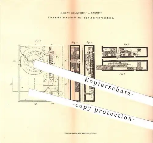 original Patent - G. Gemmerich , Barmen , 1880 , Sicherheitsschloss mit Kontrolle , Schloss , Möbelschloss , Schlosser !
