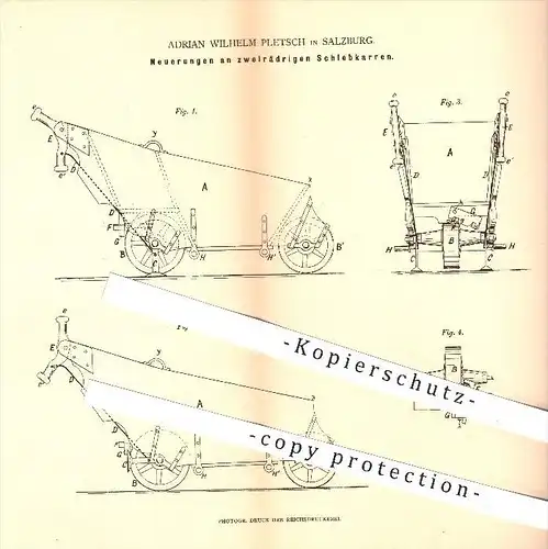 original Patent - Adrian Wilhelm Pletsch , Salzburg , 1880 , zweirädrige Schiebkarre , Karre , Karren , Wagen , Wagenbau