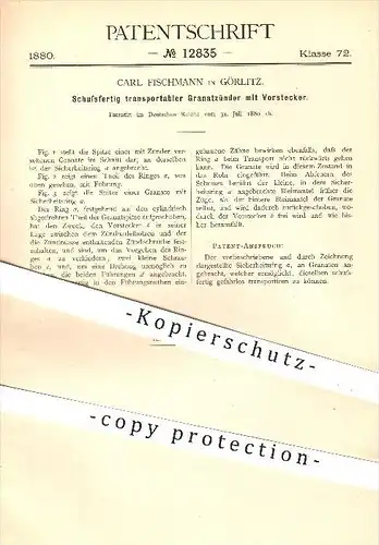 original Patent - Carl Fischmann , Görlitz , 1880 , Schussfertiger Granatzünder , Granaten , Waffen , Geschosse , Zünder