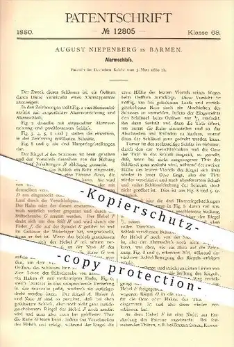 original Patent - August Niepenberg in Barmen , 1880 , Alarm - Schloss , Türschloss , Tür , Signal , Schlosser !!!