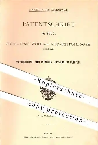 original Patent - Gottl. Ernst Wolf u. Friedrich Polling , Dessau , 1877 , Reinigen von Röhren , Heizung , Schornstein !