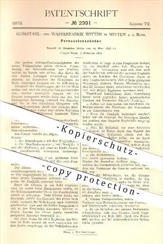 original Patent - Gussstahl- und Waffenfabrik in Witten a. d. Ruhr , 1878 , Percussions - Zünder , Waffen , Geschosse !!