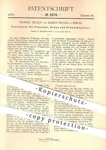 original Patent - Michael u. Moritz Bejach , Berlin , 1878 , Verschluss für Flaschen , Krüge u. Einmachgläser , Haushalt