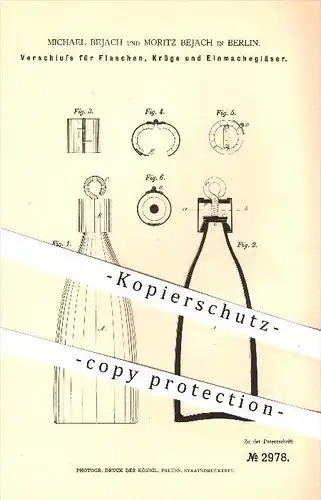 original Patent - Michael u. Moritz Bejach , Berlin , 1878 , Verschluss für Flaschen , Krüge u. Einmachgläser , Haushalt