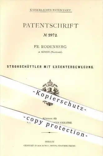 original Patent - Fr. Rodenberg , Minden , 1878, Strohschüttler mit Exzenterbewegung , Stroh , Getreide , Landwirtschaft
