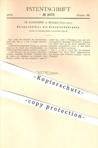 original Patent - Fr. Rodenberg , Minden , 1878, Strohschüttler mit Exzenterbewegung , Stroh , Getreide , Landwirtschaft