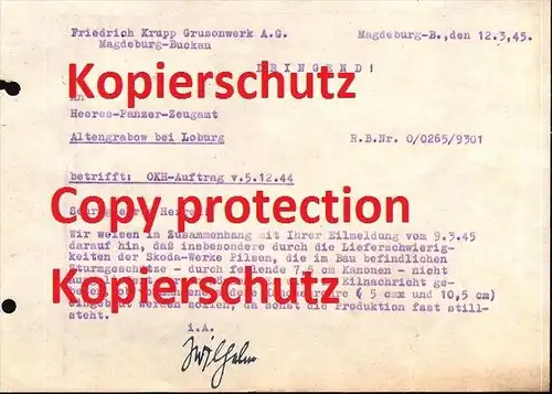 Schreiben Krupp-Werk Magdeburg an Panzer - Zeugamt Altengrabow / Loburg , 1945 , Sturmgeschütze , Skoda-Werke !!!