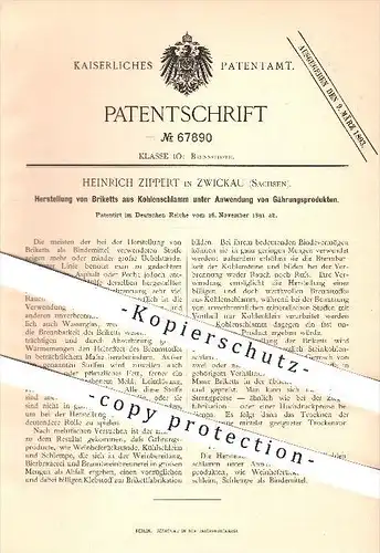 original Patent - Heinrich Zippert in Zwickau , 1891 , Herstellung von Briketts aus Kohlenschlamm , Brikett , Kohle !!