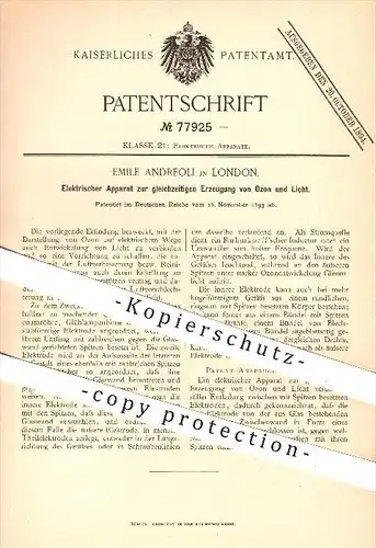 original Patent - Emile Andreoli in London , 1893 , Elektrischer Apparat zur Erzeugung von Ozon u. Licht , Elektroden !!