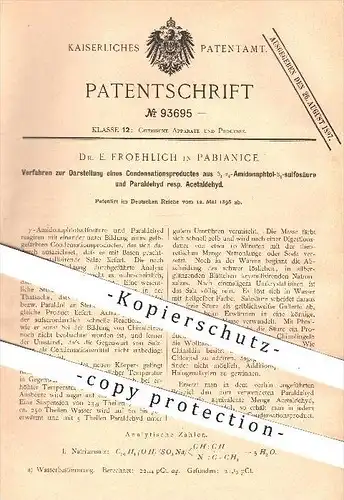 original Patent - Dr. E. Froehlich in Pabianice , 1896 , Darstellung eines Kondensationsproduktes , Chemie , Basen !!!