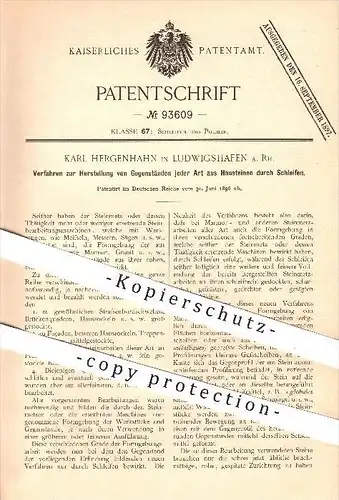 original Patent - Karl Hergenhahn , Ludwigshafen a. Rhein , 1896 , Gegenstände aus Stein durch Schleifen , Steine !