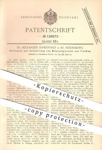 original Patent - Dr. Alexander Danilevsky in St. Petersburg , 1900 , Nährpräparat aus Fisch , Fische , Russland !!!