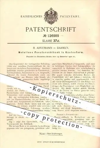 original Patent - B. Arnemann in Barmen b. Wuppertal , 1900 , Fenstersohlbank aus Metall , Fenster , Fensterbank !!!