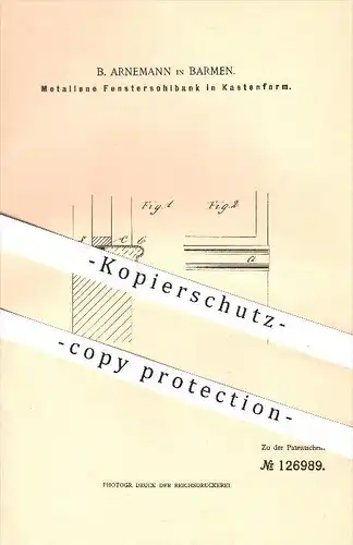 original Patent - B. Arnemann in Barmen b. Wuppertal , 1900 , Fenstersohlbank aus Metall , Fenster , Fensterbank !!!