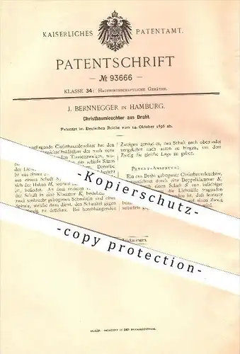 original Patent - J. Bernnegger , Hamburg , 1896 , Christbaum - Leuchter aus Draht , Weihnachten , Haushalt , Dekoration