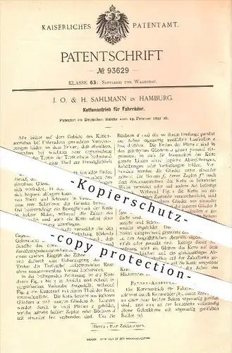 original Patent - J. O. & H. Sahlmann in Hamburg , 1897 , Ketten - Antrieb für Fahrräder , Fahrrad , Fahrzeugbau , Kette