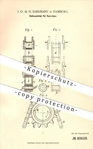 original Patent - J. O. & H. Sahlmann in Hamburg , 1897 , Ketten - Antrieb für Fahrräder , Fahrrad , Fahrzeugbau , Kette