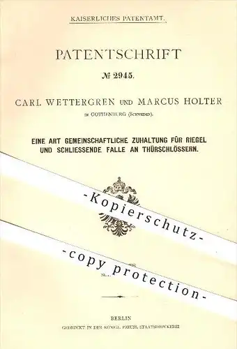 original Patent - Carl Wettergren , Marcus Holter , Gothenburg , Schweden , 1878 , Riegel am Türschloss , Göteborg !!!