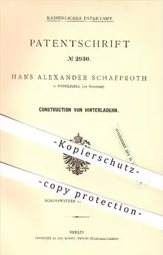 original Patent - Hans A. Schaffroth , Radolfzell , 1877 , Konstruktion vom Hinterlader , Waffen , Gewehr , Gewehre !!!
