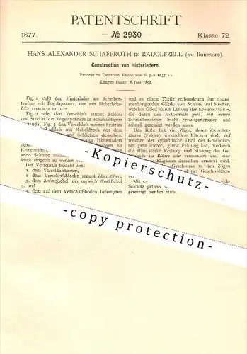 original Patent - Hans A. Schaffroth , Radolfzell , 1877 , Konstruktion vom Hinterlader , Waffen , Gewehr , Gewehre !!!