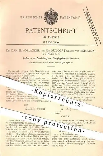 original Patent - Dr. D. Vorländer , Dr. R. Freiherr von Schilling , Halle , 1900 , Phenylglycicin - o - Carbonsäure !!!