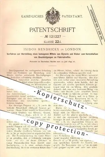 original Patent - Isidor Hendrickx in London , 1899 , Mittel aus Glyzerin und Kleber für Fahrrad - Reifen !!!