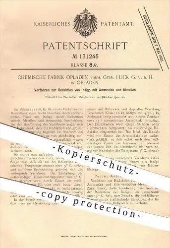 original Patent - Chemische Fabrik Opladen , Gebr. Flick GmbH , 1900 , Reduktion von Indigo mit Ammoniak u. Metallen !!