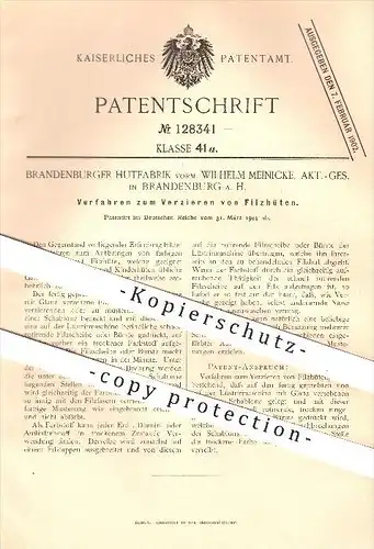 original Patent - Brandenburger Hutfabrik , W. Meinicke , AG , Brandenburg , Havel , 1901, Filzhut , Hut , Hüte , Modist