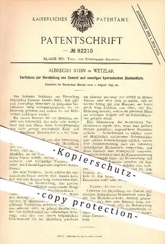 original Patent - Albrecht Stein in Wetzlar , 1893 , Herstellung von Zement u. hydraulischen Bindemitteln , Ton , Kalk !