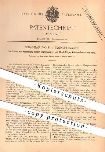 original Patent -Sebastian Wolf in Wangen i. Allg. ,1886, Herstellung bleichfähiger Zellulosefasern aus Holz , Zellulose