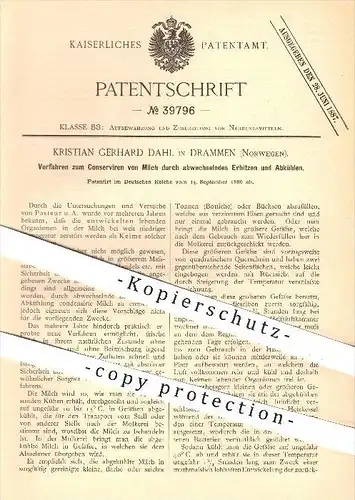 original Patent - Kristian G. Dahl in Drammen , Norway , 1886 , Konservieren von Milch , Konservierung , Lebensmittel