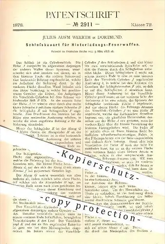 original Patent - Julius Aus'm Weerth , Dortmund , 1878 , Schloss für Hinterladungs - Feuerwaffen , Waffen , Gewehr !!!