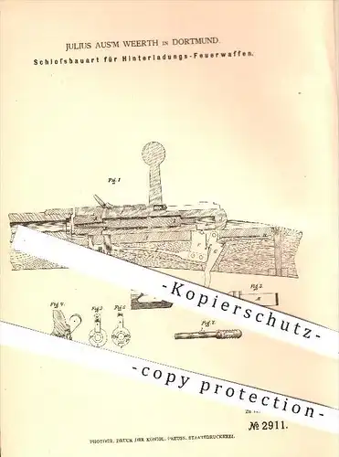original Patent - Julius Aus'm Weerth , Dortmund , 1878 , Schloss für Hinterladungs - Feuerwaffen , Waffen , Gewehr !!!