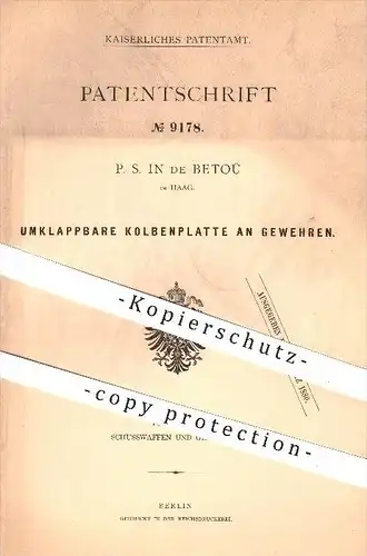 original Patent - P. S. in de Betoü in Haag , 1879 , Kolbenplatte am Gewehr , Gewehre , Waffen , Geschosse !!!