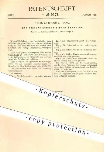 original Patent - P. S. in de Betoü in Haag , 1879 , Kolbenplatte am Gewehr , Gewehre , Waffen , Geschosse !!!