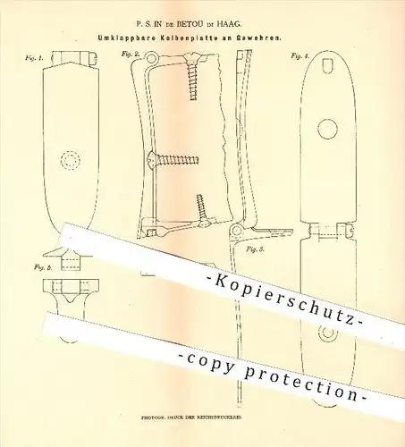 original Patent - P. S. in de Betoü in Haag , 1879 , Kolbenplatte am Gewehr , Gewehre , Waffen , Geschosse !!!