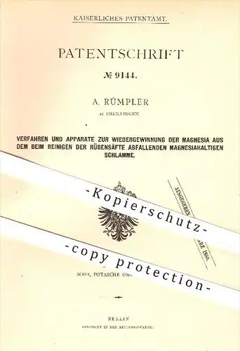 original Patent - A. Rümpler in Hecklingen , 1879 , Wiedergewinnung von Magnesia , Schlamme , Rübesaft , Rüben !!!