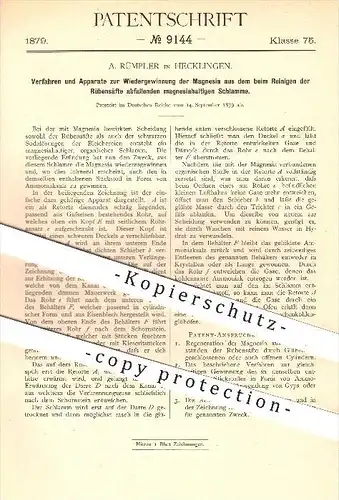 original Patent - A. Rümpler in Hecklingen , 1879 , Wiedergewinnung von Magnesia , Schlamme , Rübesaft , Rüben !!!