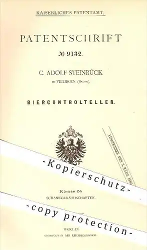 original Patent - C. Adolf Steinrück in Villingen , 1879 , Bierkontrollteller , Bier , Teller , Tablett , Ausschank !!!