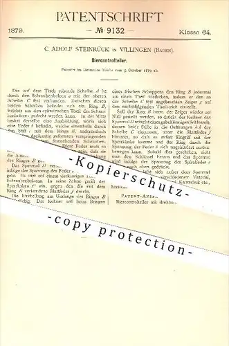 original Patent - C. Adolf Steinrück in Villingen , 1879 , Bierkontrollteller , Bier , Teller , Tablett , Ausschank !!!