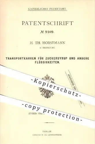 original Patent - H. Th. Horstmann in Merseburg , 1878 , Transportkarren für Zuckersirup , Flüssigkeiten , Zuckerfabrik