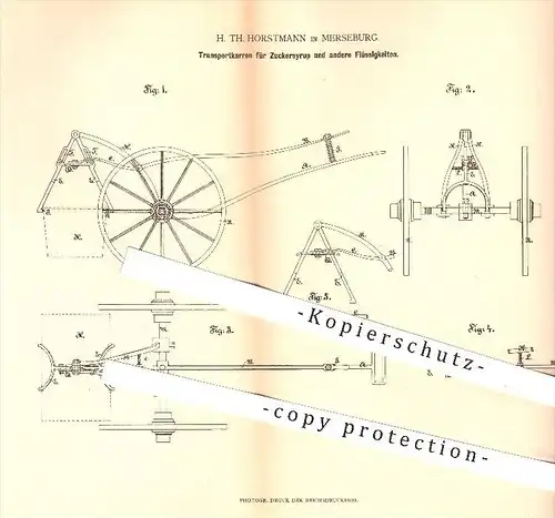 original Patent - H. Th. Horstmann in Merseburg , 1878 , Transportkarren für Zuckersirup , Flüssigkeiten , Zuckerfabrik