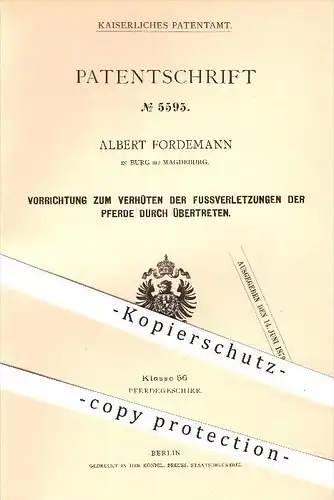original Patent - Albert Fordemann , Burg , Magdeburg , 1878 , Verhüten von Verletzungen am Pferd , Pferdegeschirr !!!