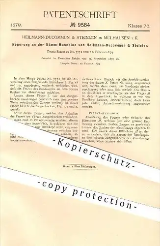 original Patent - Heilmann-Ducommun & Steinlen in Mülhausen / Mulhouse , 1879 , Kämm - Maschine , Spinnerei , Kämmen !!!