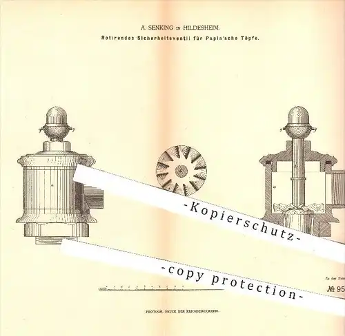 original Patent - A. Senking in Hildesheim , 1879 , Sicherheitsventil für Papin'sche Töpfe , Topf , Kochtopf , Papin !!!